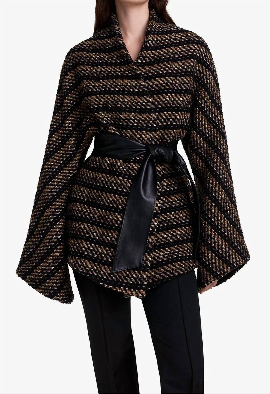 NEW SMYTHE belted wrap jacket in dark chevron tweed